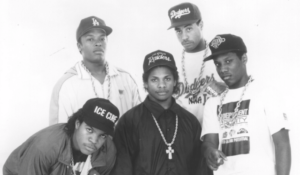 Easy-E is seen here with his rap group, N.W.A.