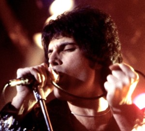 Freddie Mercury singing in his band Queen.