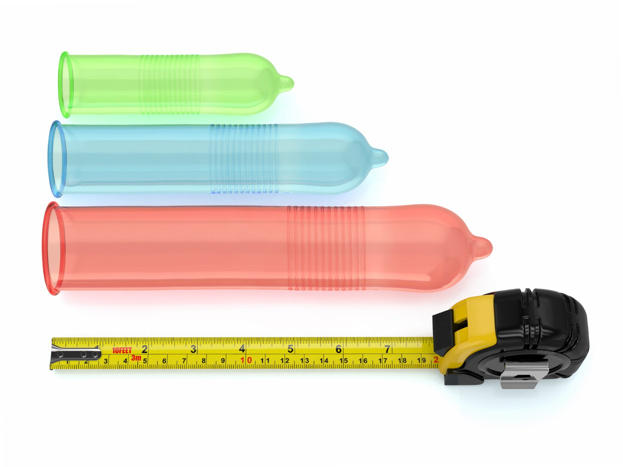 An illustration of different condom sizes and types