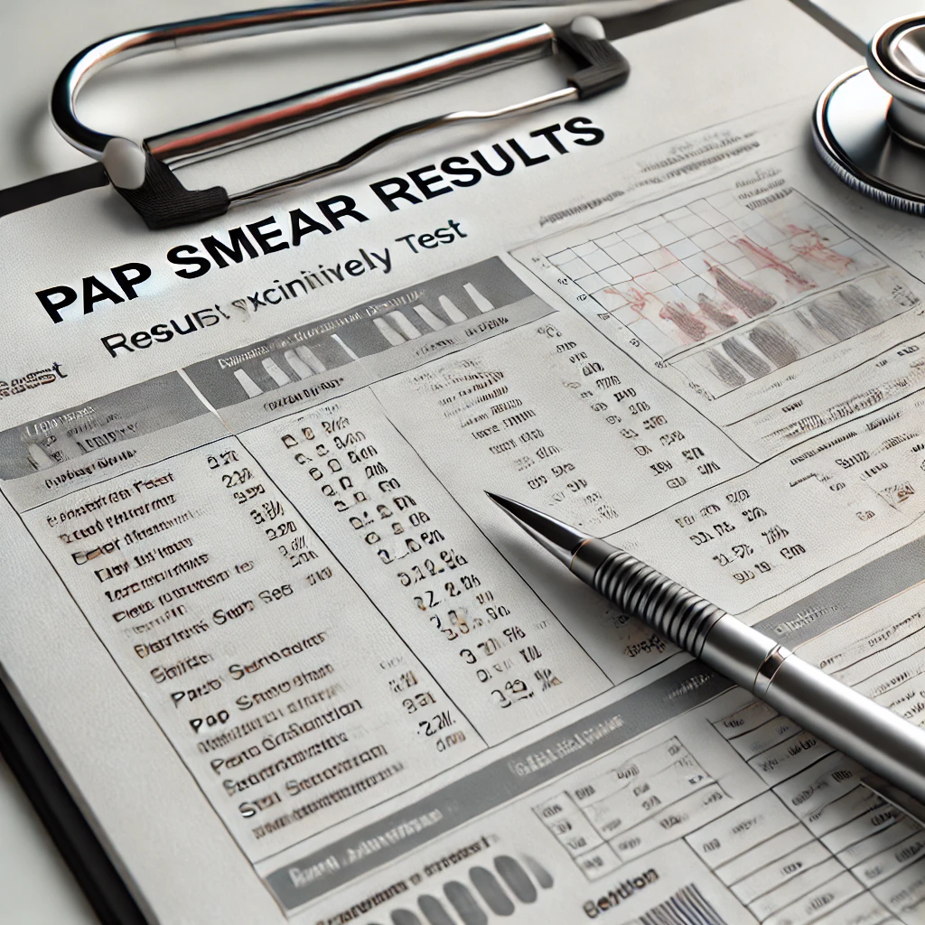 A close-up of a medical chart showing pap smear results and STD testing.
